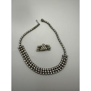 Art Deco Clear Sparkly Rhinestone Choker Necklace W/ Dress Pin Vintage 14"